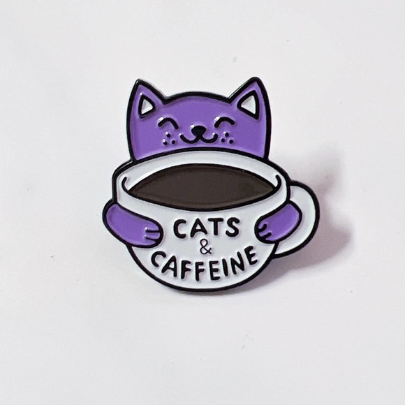 unbranded Jewelry - Cat Pin a Purple Cat with a Cup of Coffee
